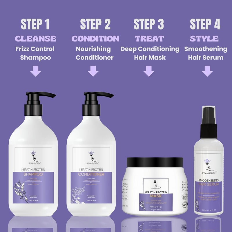 LA'BANGERRY LABANGERRY Keratin Hair Combo Kit  Keratin Hair ShampooConditioner Mask and Serum Infused with Keratin Almond Oil Jojoba Oil for Curly Wavy and Straight Hair  Sulfate Free Shampoo for Dry Damaged or Color Treated Hair  Reduces Dandruff  Made in India - Image 4
