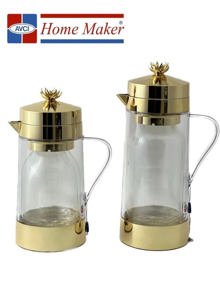 Homemaker Premium 2-Piece Tea & Coffee Flask Set (Clear/Gold) – Quality Inner Glass, Keeps Drinks Hot for Up to 6 Hours, Ideal for Hot and Cold Beverages. 