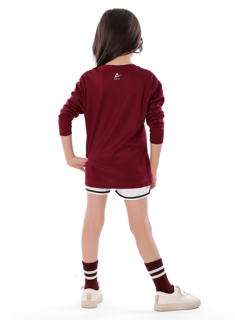 أنچا تي شيرت كرة السلة باللون العنابي للفتيات - تصميم مريح بأكمام طويلة - Image 2