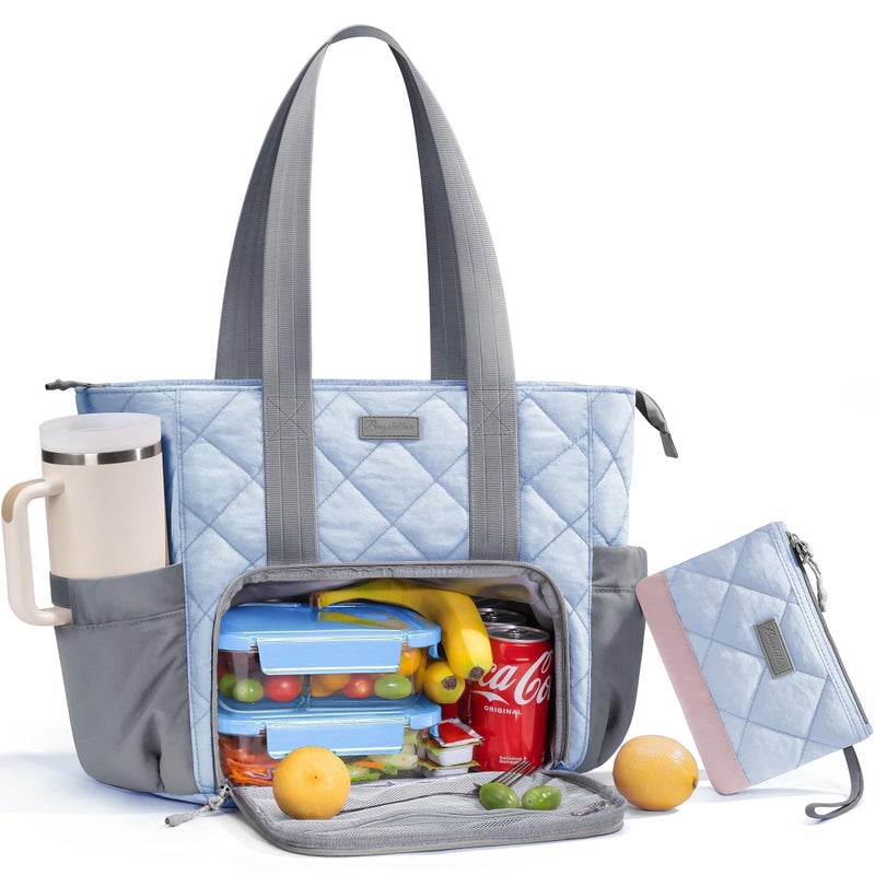 Bagstellar Puffer Lunch Tote Bag for Women, 15.6 Inch Laptop Work Bag with Insulated Lunch Compartment & Large Cup Holder, Lightweight Quilted Puffy Lunch Box Purse for Teacher Nurse Travel Office Daily School - Image 1