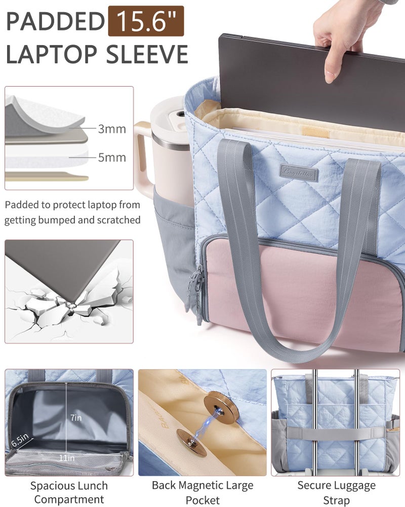 Bagstellar Puffer Lunch Tote Bag for Women, 15.6 Inch Laptop Work Bag with Insulated Lunch Compartment & Large Cup Holder, Lightweight Quilted Puffy Lunch Box Purse for Teacher Nurse Travel Office Daily School - Image 4