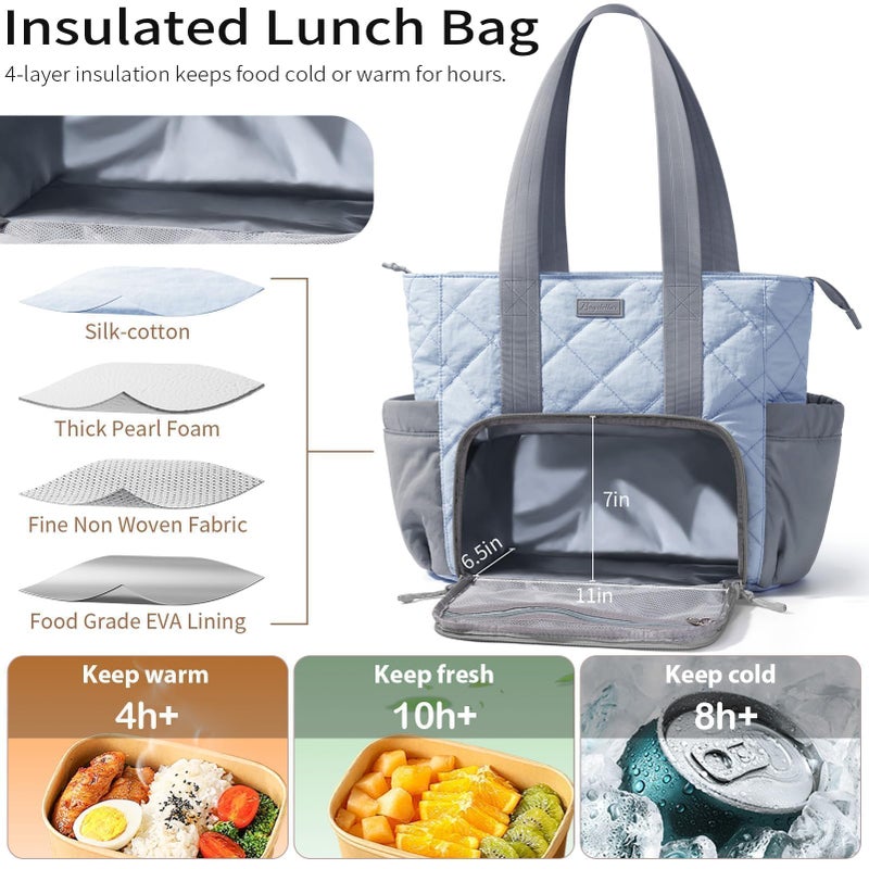 Bagstellar Puffer Lunch Tote Bag for Women, 15.6 Inch Laptop Work Bag with Insulated Lunch Compartment & Large Cup Holder, Lightweight Quilted Puffy Lunch Box Purse for Teacher Nurse Travel Office Daily School - Image 3