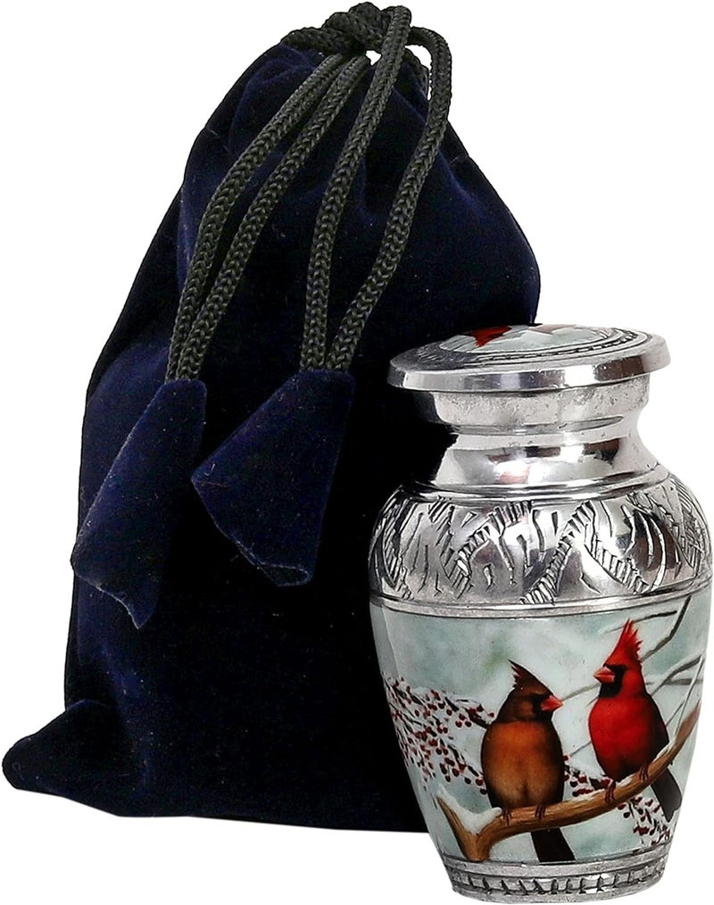 HLC Beautiful Small Cardinal Couple Bird Keepsake Urn Memorial for Human Ashes with Velvet Box Bag Peaceful Engraved Mini Affordable Urn 45 in Large