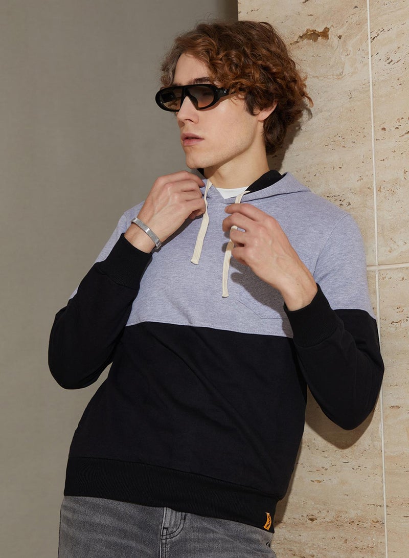Campus Sutra Men's Cloud Grey & Obsidian Black Block Pullover Hoodie  - Image 1