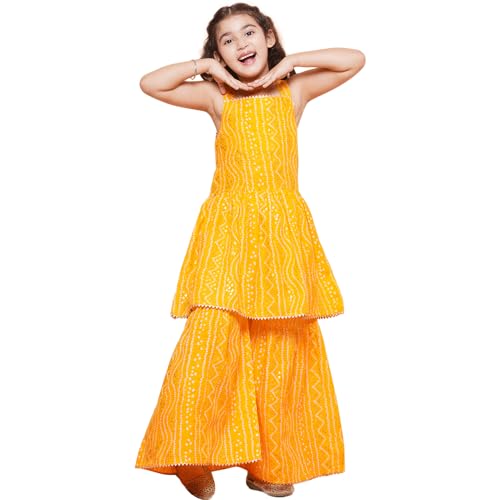 AJ DEZINES Kids Ethnic Wear Cotton Bandhani Printed Sleeveless A Line Yellow Kurta Sharara Set For Girls (G-1115-YELLOW-34) - Image 1