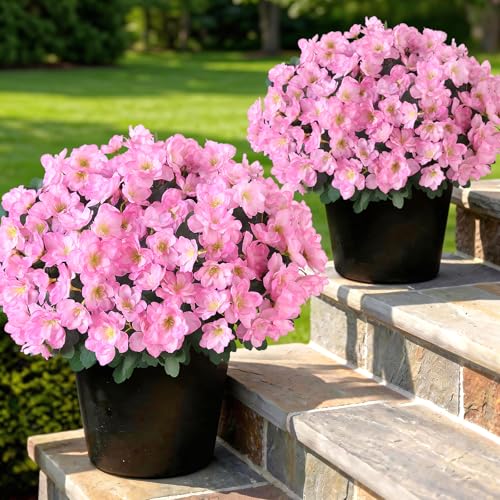 YXZZWL Set of 2 Artificial Azalea Flower Topiary Trees - Fake Silk Flower Potted Plants, Sun-Resistant Faux Outdoor Azalea Bushes for Front Door, Garden, Yard, Farmhouse Decor (Pink) - Image 1