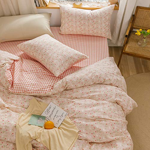 BlueBlue Rabbit Duvet Cover Set Twin 100% Cotton Bedding for Kids Boys Girls Teens Single Bed Cartoon Bunny Garden Floral on Pink 1 Reversible Check Comforter Cover with Zipper Ties 2 Pillowcases - Image 4