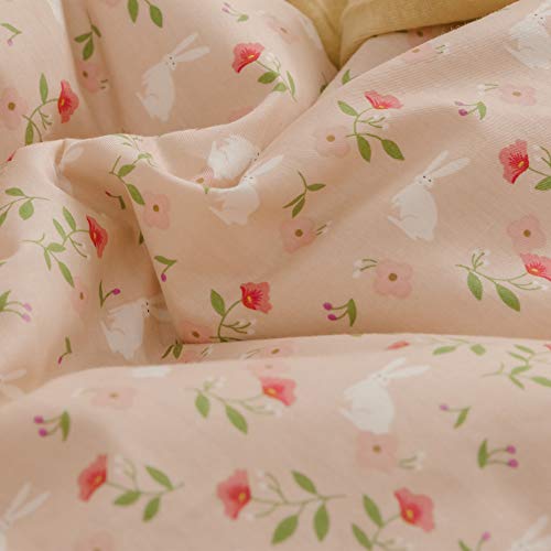 BlueBlue Rabbit Duvet Cover Set Twin 100% Cotton Bedding for Kids Boys Girls Teens Single Bed Cartoon Bunny Garden Floral on Pink 1 Reversible Check Comforter Cover with Zipper Ties 2 Pillowcases - Image 5
