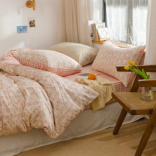 BlueBlue Rabbit Duvet Cover Set Twin 100% Cotton Bedding for Kids Boys Girls Teens Single Bed Cartoon Bunny Garden Floral on Pink 1 Reversible Check Comforter Cover with Zipper Ties 2 Pillowcases - Image 3