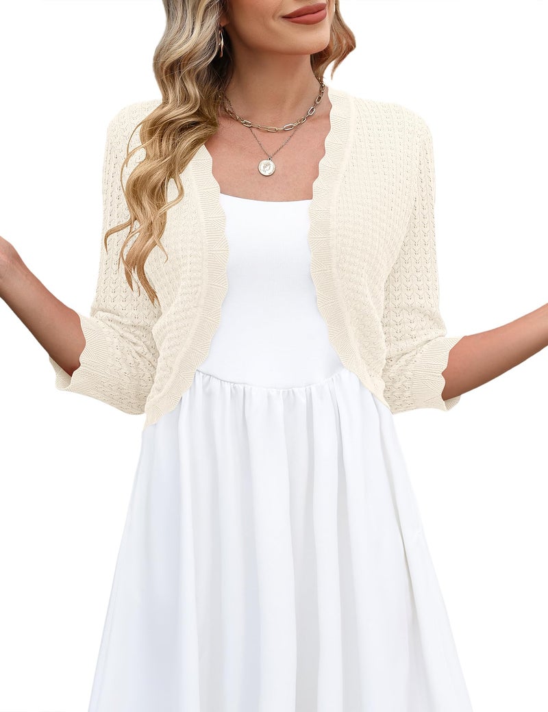 LOMON Womens Cardigan Sweaters for Women Lightweight 3/4 Sleeve Cropped Bolero Shrug Open Front Crochet Knit Cardigans, S Beige - Image 1