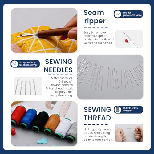 TLKKUE 40 Pcs Big Eye Steel Sewing Needles Kit, Steel Needles for Hand Sewing, Sewing Kit with Storage Bag Threads Thimbles Seam Rippers for Repair Clothing(6-Color Upholstery Thread) - Image 4