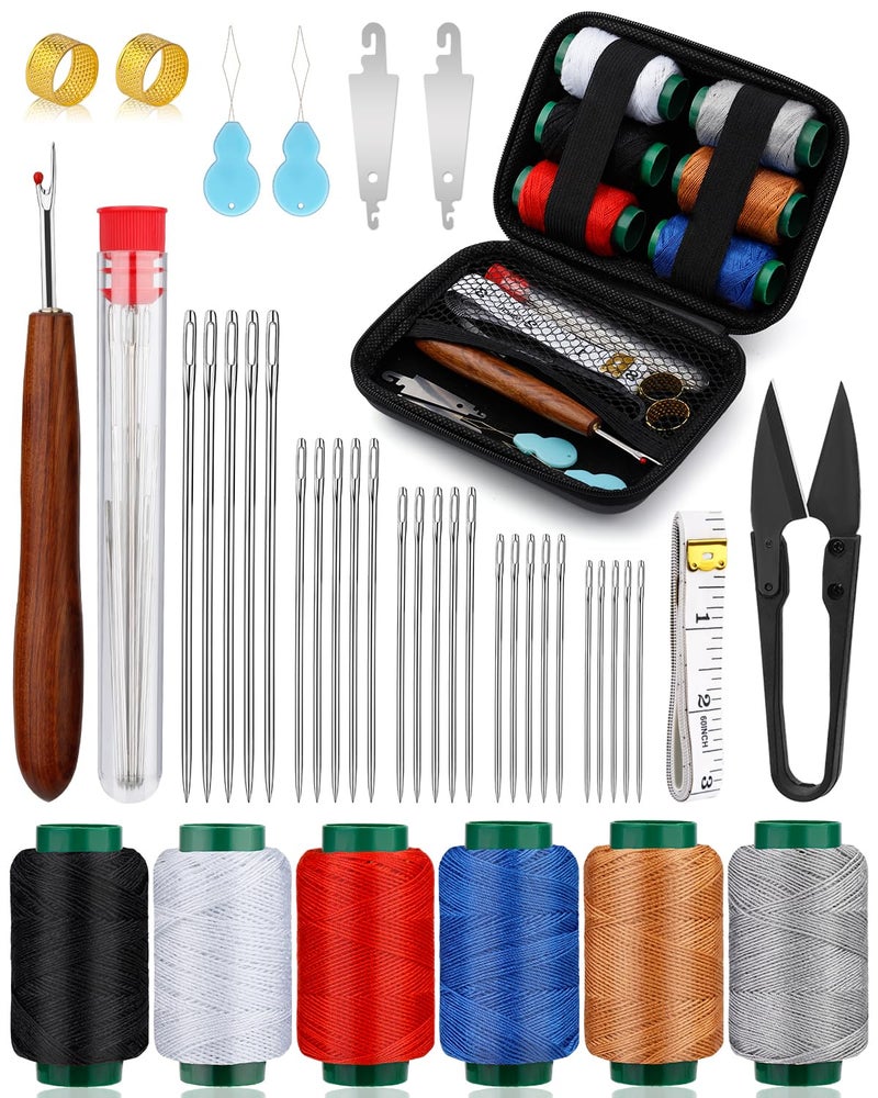 TLKKUE 40 Pcs Big Eye Steel Sewing Needles Kit, Steel Needles for Hand Sewing, Sewing Kit with Storage Bag Threads Thimbles Seam Rippers for Repair Clothing(6-Color Upholstery Thread) - Image 1