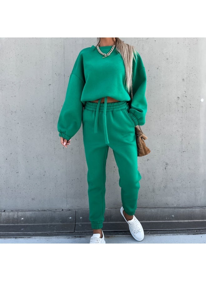 NIBEMINENT Fall And Winter Fashion Solid Color Ladies Suit Loose Round Neck Frenum Hoodie Casual Pants Woman's Sportswear Two Piece Set - Image 1