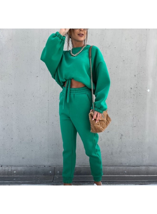 NIBEMINENT Fall And Winter Fashion Solid Color Ladies Suit Loose Round Neck Frenum Hoodie Casual Pants Woman's Sportswear Two Piece Set - Image 2