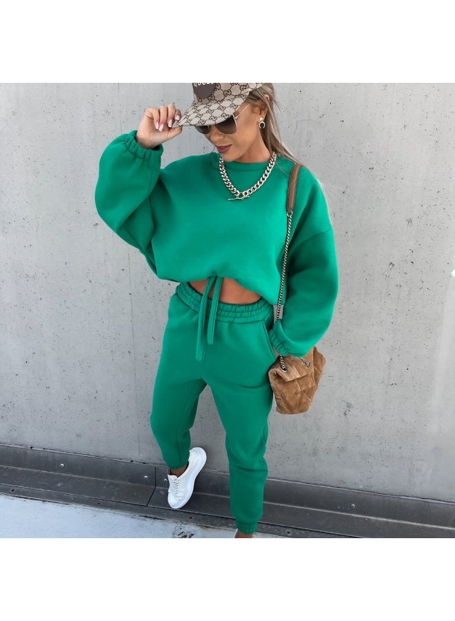 NIBEMINENT Fall And Winter Fashion Solid Color Ladies Suit Loose Round Neck Frenum Hoodie Casual Pants Woman's Sportswear Two Piece Set - Image 3