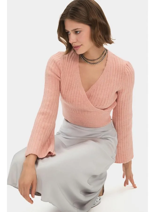 JUNE June Women Crop Soft Textured Double Breasted Knitwear Sweater Pink