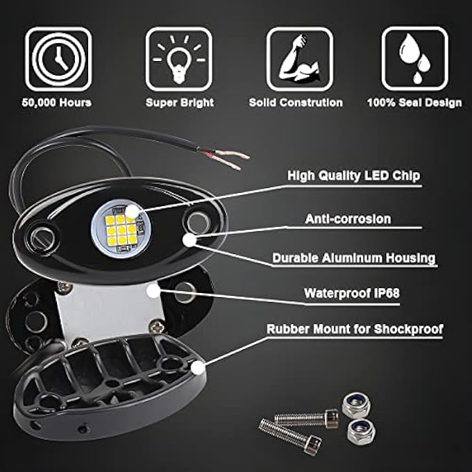 AICEL أضواء الصخور للشاحنات 4 كبسولات أضواء الصخور LED Ip67 مقاومة للماء مجموعات أضواء الصخور النيون لشاحنات بيك اب ATV الطرق الوعرة SUV عالية السطوع متعددة الوظائف إضاءة متوهجة تحت الضوء مصباح درب تهوية أصفر - Image 4