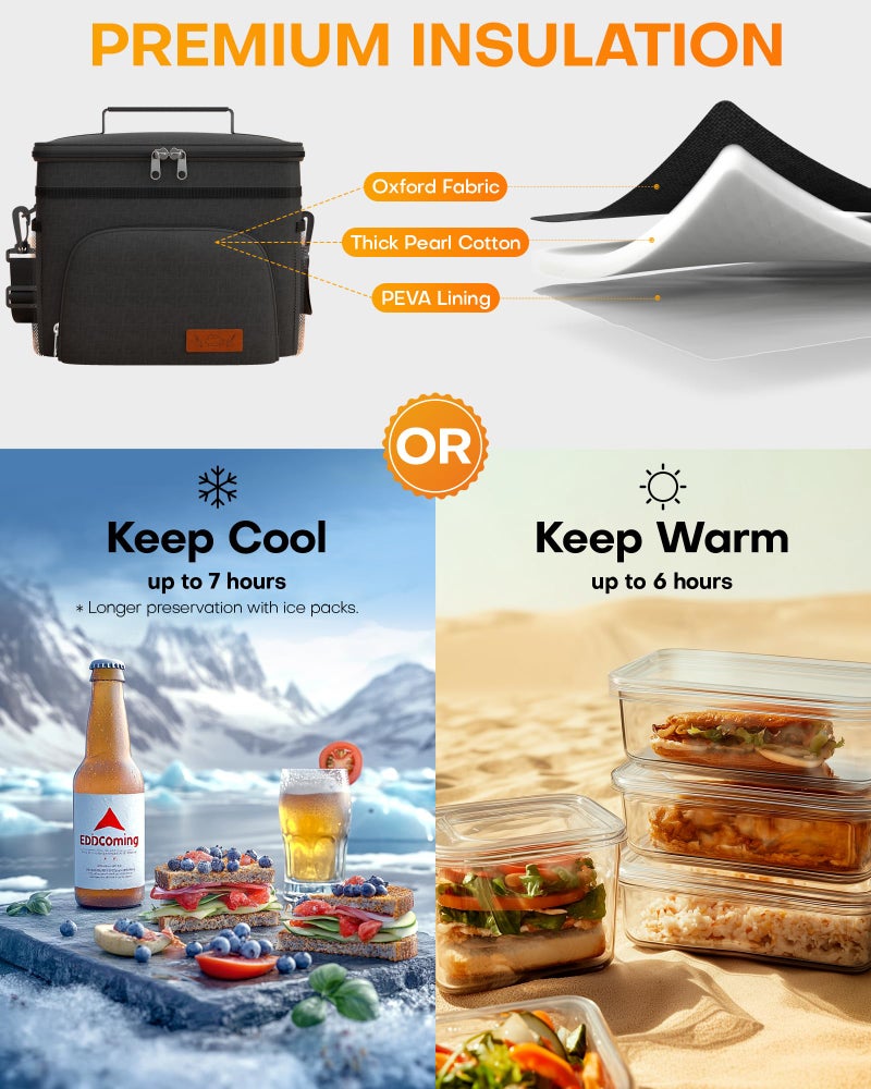 HOTOR Insulated Lunch Box for Men & Women - Leak-Proof Cooler Lunch Bag with 4 Pockets, Adjustable Strap, Ideal for Work, Picnic, Travel - Medium, Black, 10.2"Ã—6.9"Ã—8.5" - Image 2