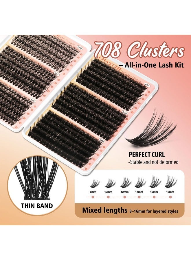 Eyelash Clusters 30D+ 40D+ 50D+ 60D+ 80D+ 100D Lash Clusters Wispy Individual Lashes 708PCS D-curly Lash Extension 8-16MM Natural Lashes Clusters DIY Cluster Eyelash Extensions for Beginners - Image 5