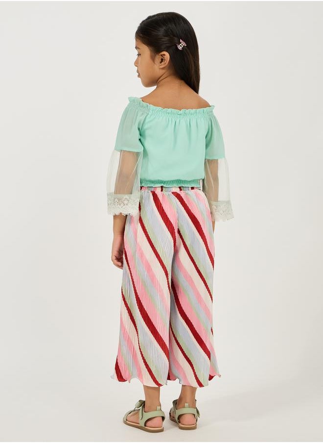 Styli - Lace Insert Gathered Top & Plisse Pants Set - Image 1