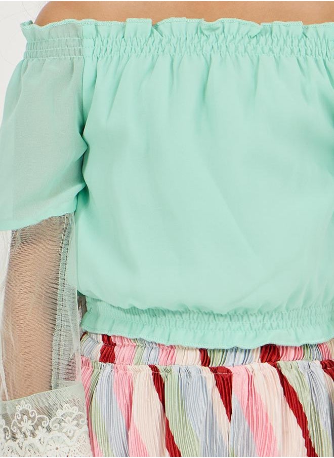 Styli - Lace Insert Gathered Top & Plisse Pants Set - Image 1