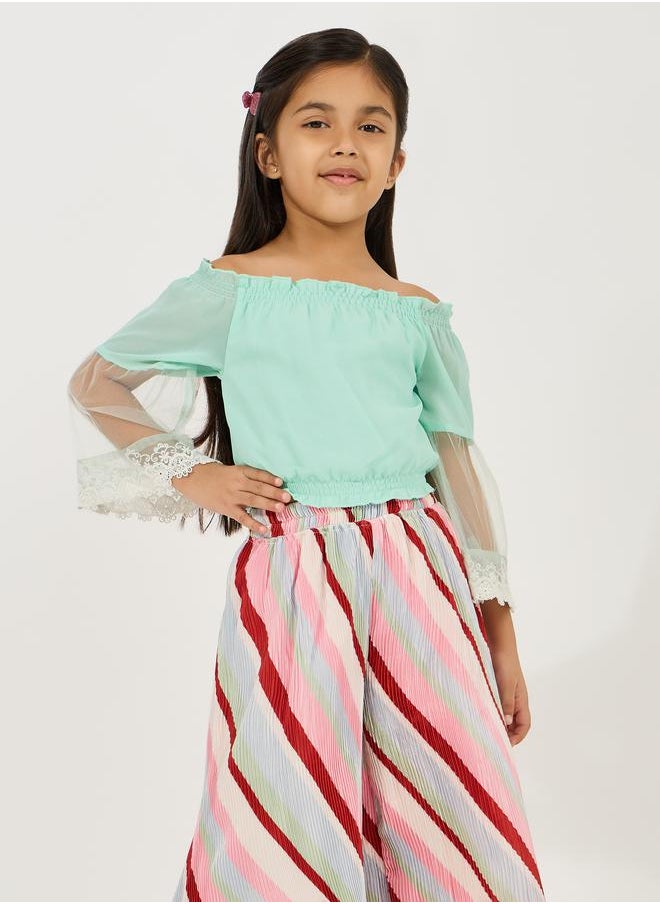 Styli - Lace Insert Gathered Top & Plisse Pants Set - Image 1