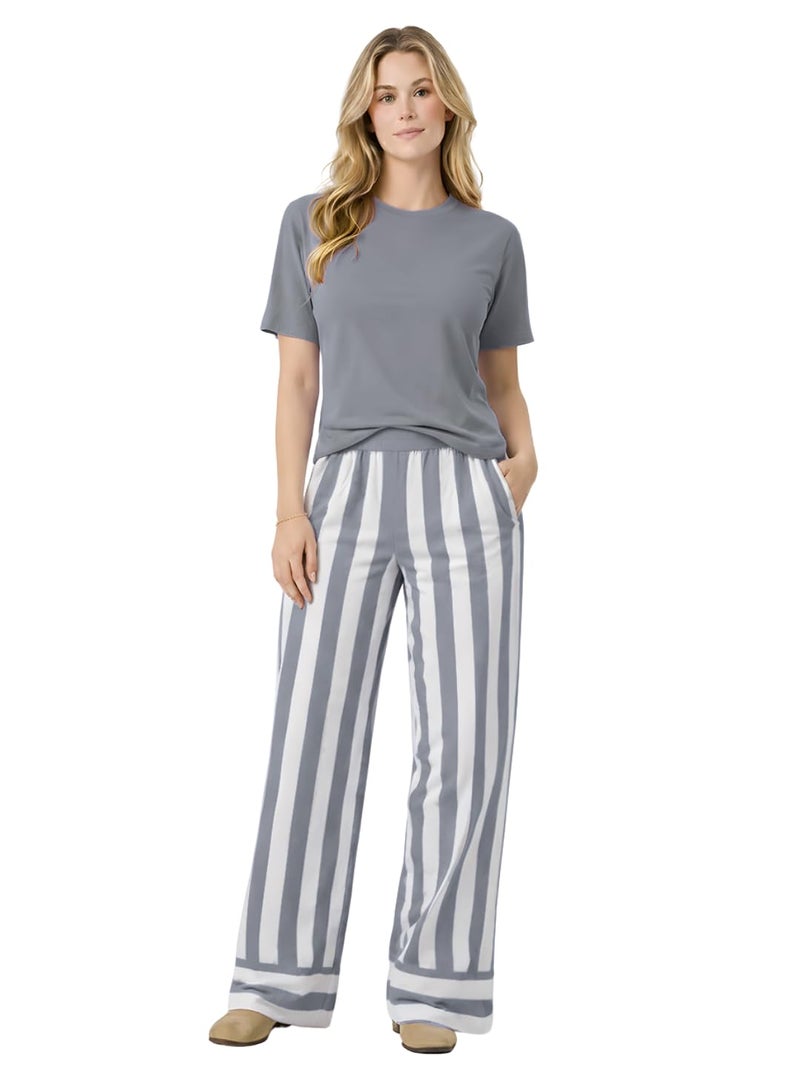 Celary Women’s Cotton Blend Lounge Set | Half Sleeve Relaxed Fit Top with Striped Wide Leg Pants | Soft & Breathable Night Suit - Image 1