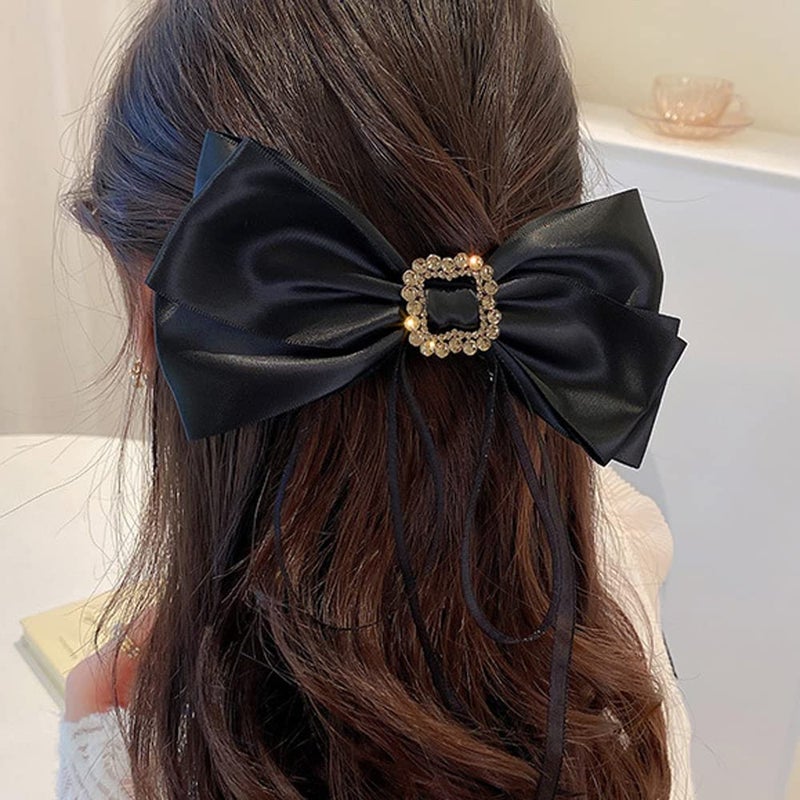 Jumwrit Large Bow Hair Clip Rhinestone Hair Barrette Strong Hold Bowknot Hair Clip Long Ribbon Hair Bow Vintage Hair Accessories for Women GirlsBlack