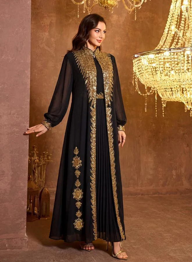Supgir Black Pleated A-Line Maxi Dress and Gold Sequin Kaftan Set