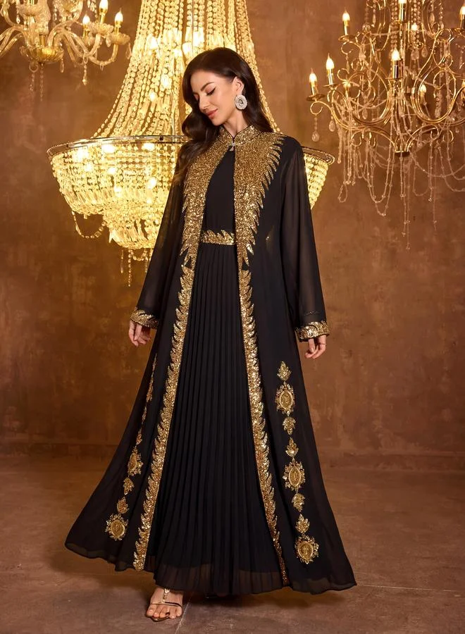 Supgir  Black Pleated A-Line Maxi Dress and Gold Sequin Kaftan Set for Women | Best Price UAE