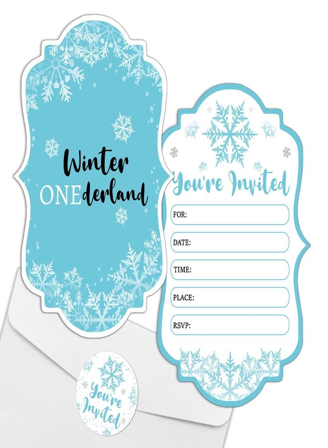 REWIDPARTY Winter Onederland Party Invitations with Envelopes & Stickers（Set of 15） Blue Snowflake Shaped Fill-in Invitations Boy 1st Birthday Party Invites Winter Wonderland Holiday Party Supplies - Image 1