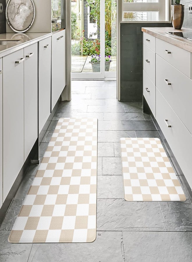 VivaNest Cream Checkered Grid Checkerboard Kitchen Rug Sets [2 PCs], Anti-Fatigue, Waterproof Non-Slip Kitchen Mats Heavy Duty Ergonomic Comfort Foam Rug for Floor, Home, Laundry,17"x29"+17"x47" - Image 2