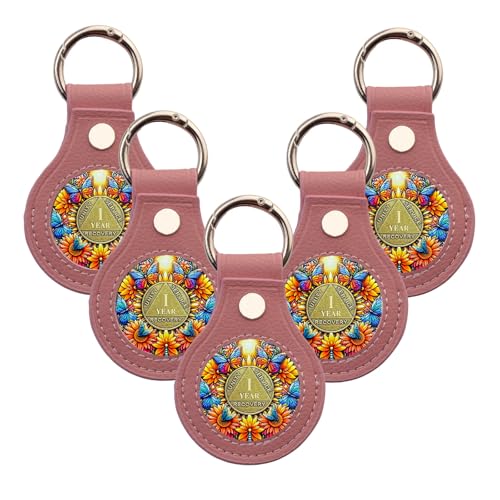IELCJJ 5PCS Premium Leather Coin Holder Handmade Sobriety AA Coins Chip Keychain Displays Both Sides of Sober Token Medallion Pet Challenge Coin Pink Waterproof Scratchproof Soft PVC Key Ring - Image 1