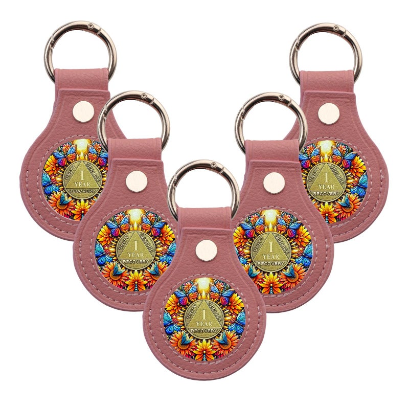 IELCJJ 5PCS Premium Leather Coin Holder Handmade Sobriety AA Coins Chip Keychain Displays Both Sides of Sober Token Medallion Pet Challenge Coin Pink Waterproof Scratchproof Soft PVC Key Ring - Image 2
