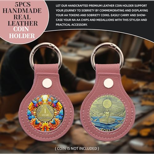 IELCJJ 5PCS Premium Leather Coin Holder Handmade Sobriety AA Coins Chip Keychain Displays Both Sides of Sober Token Medallion Pet Challenge Coin Pink Waterproof Scratchproof Soft PVC Key Ring - Image 3