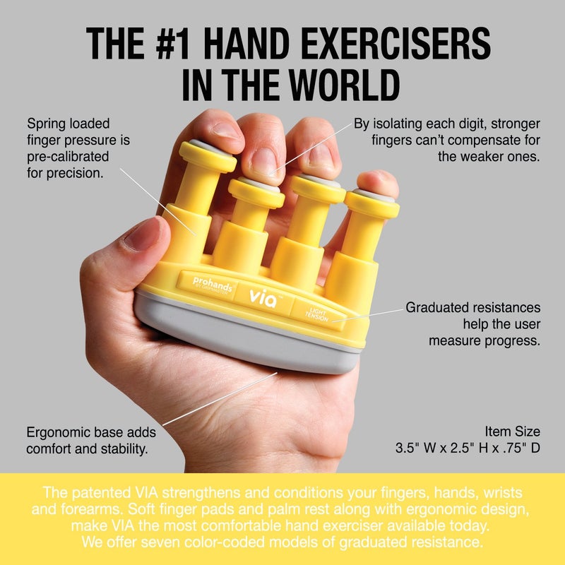 Prohands VIA Hand Exerciser, Finger Exerciser (Hand Grip Strengthener), Spring-Loaded, Finger-Piston System, Isolate and Exercise Each Finger, (4 lb Light Tension, Yellow-Via) - Image 4