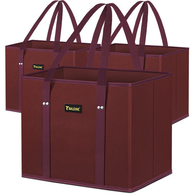 3PK REUSABLE GROCERY BAGS FOLDABLE SHOPPING BAGS FOR GROCERIES WITH REINFORCED BOTTOM HANDLES RED