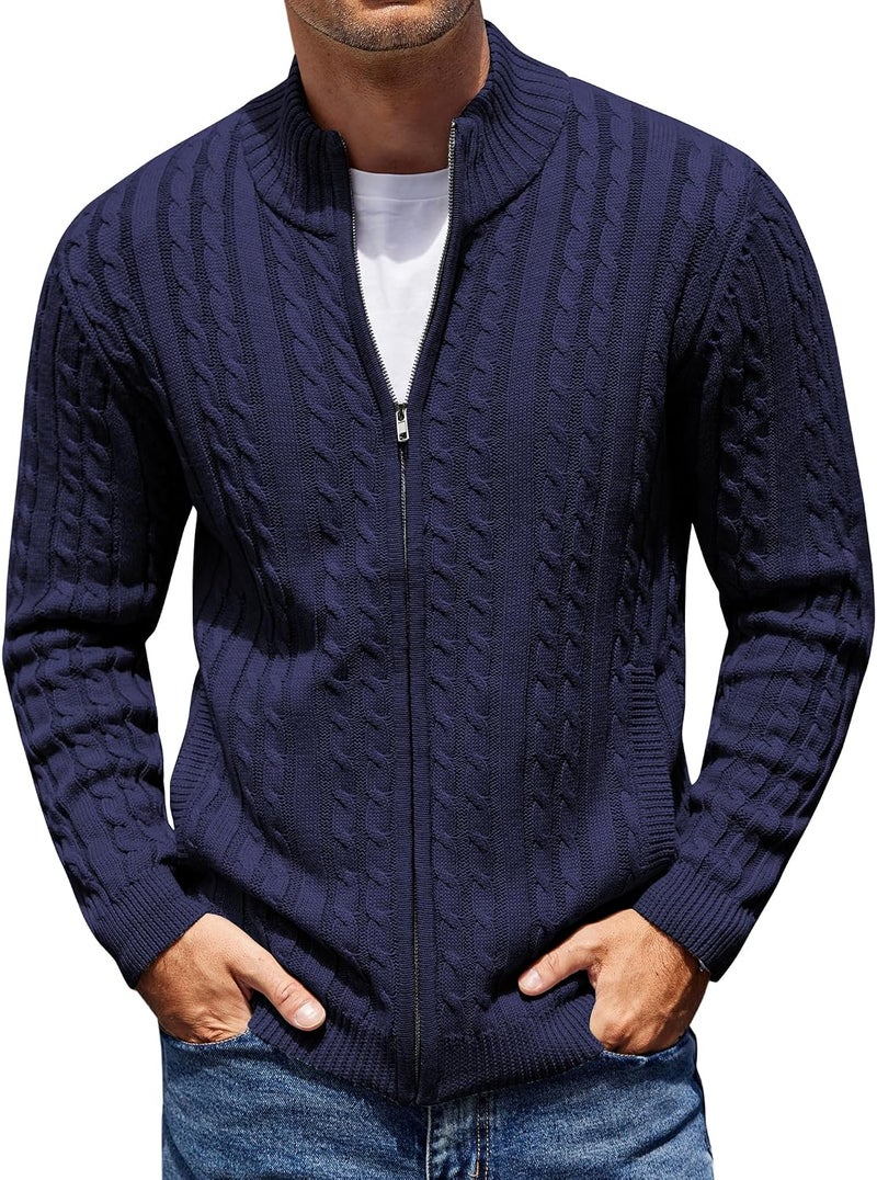 COOFANDY Men's Full Zip Cardigan Sweater - Slim Fit Cable Knitted Zip Up Sweater with Pockets, Navy Blue - Image 1