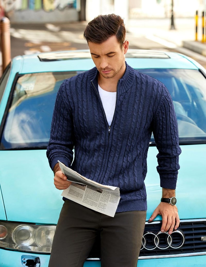 COOFANDY Men's Full Zip Cardigan Sweater - Slim Fit Cable Knitted Zip Up Sweater with Pockets, Navy Blue - Image 3