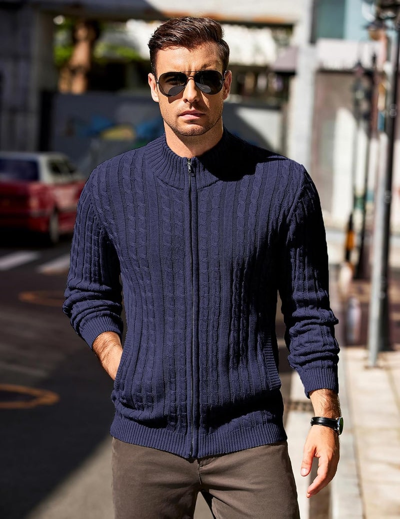 COOFANDY Men's Full Zip Cardigan Sweater - Slim Fit Cable Knitted Zip Up Sweater with Pockets, Navy Blue - Image 2