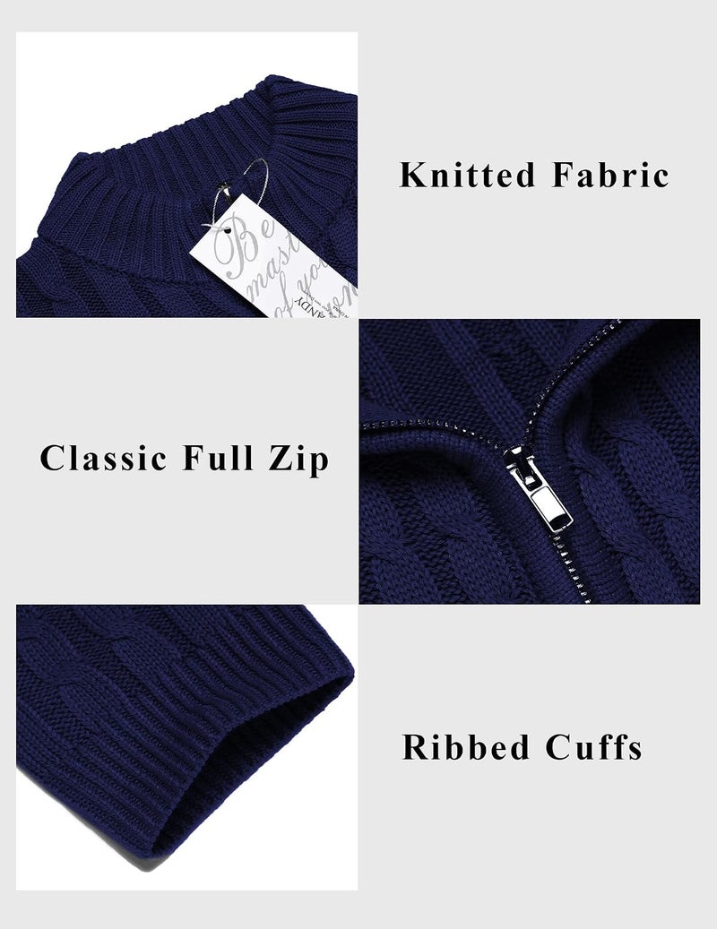 COOFANDY Men's Full Zip Cardigan Sweater - Slim Fit Cable Knitted Zip Up Sweater with Pockets, Navy Blue - Image 5