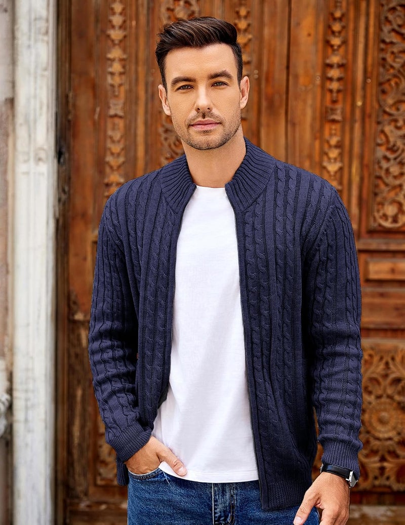 COOFANDY Men's Full Zip Cardigan Sweater - Slim Fit Cable Knitted Zip Up Sweater with Pockets, Navy Blue - Image 4