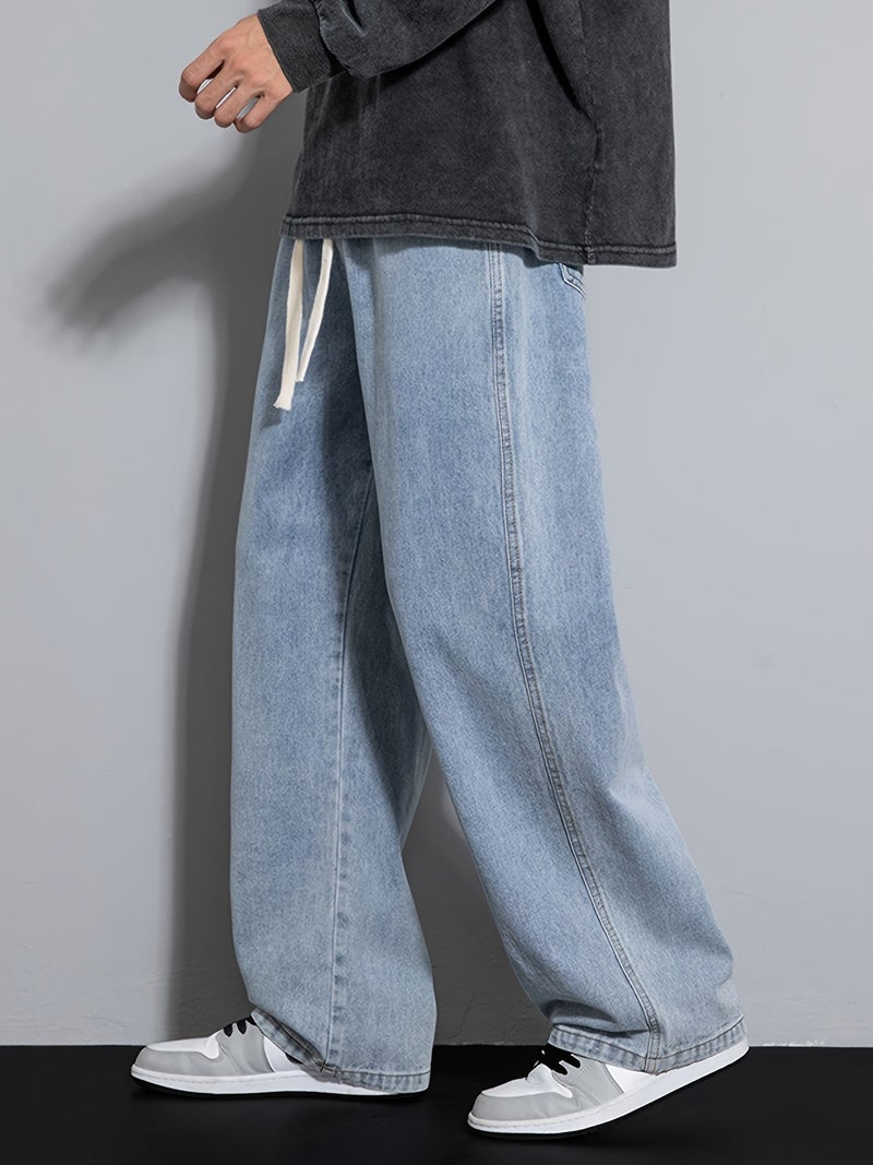 Men's Youth Loose Fit Straight-Leg Wide-Leg Heavy-Duty Washed Elastic Waist Drawstring CQ1110 - Image 3