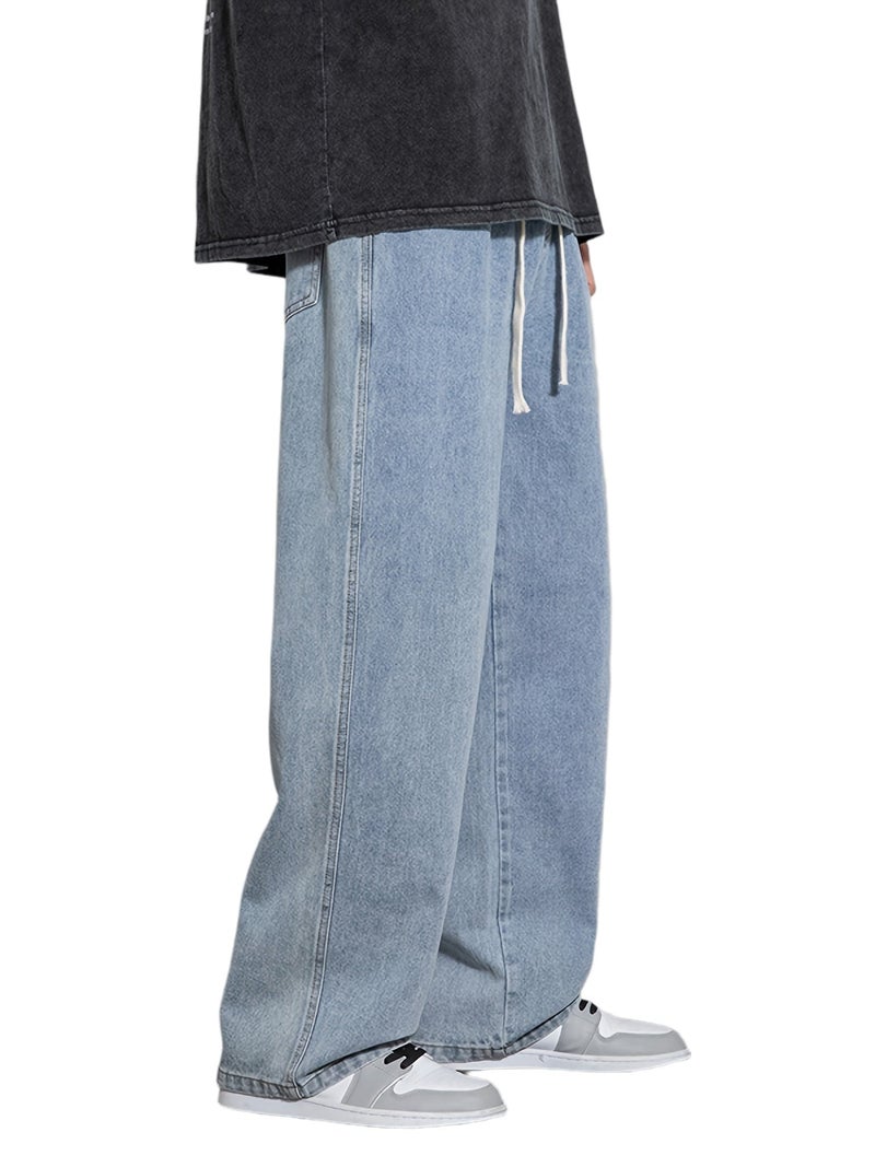 Men's Youth Loose Fit Straight-Leg Wide-Leg Heavy-Duty Washed Elastic Waist Drawstring CQ1110 - Image 1