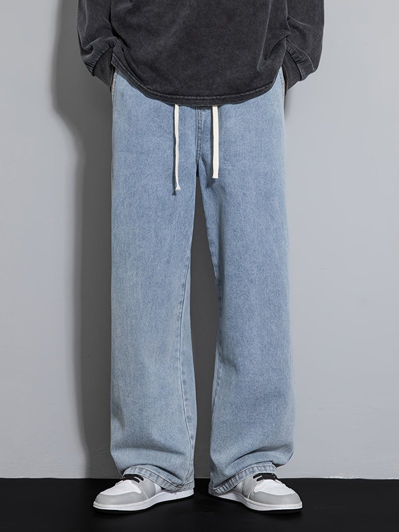 Men's Youth Loose Fit Straight-Leg Wide-Leg Heavy-Duty Washed Elastic Waist Drawstring CQ1110 - Image 2
