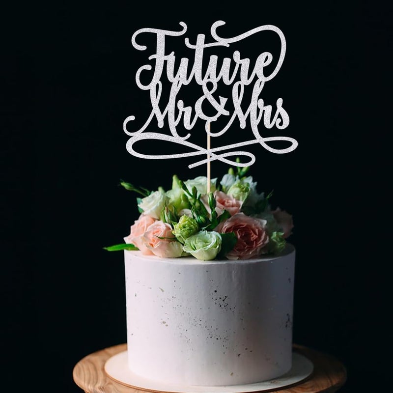 Bekaterea Future Mr and Mrs Cake TopperGlitter Bridal Shower Cake Pick Decorations for Wedding Engagement Theme Party DecorationBachelor Party Decorations Supplies silver - Image 3