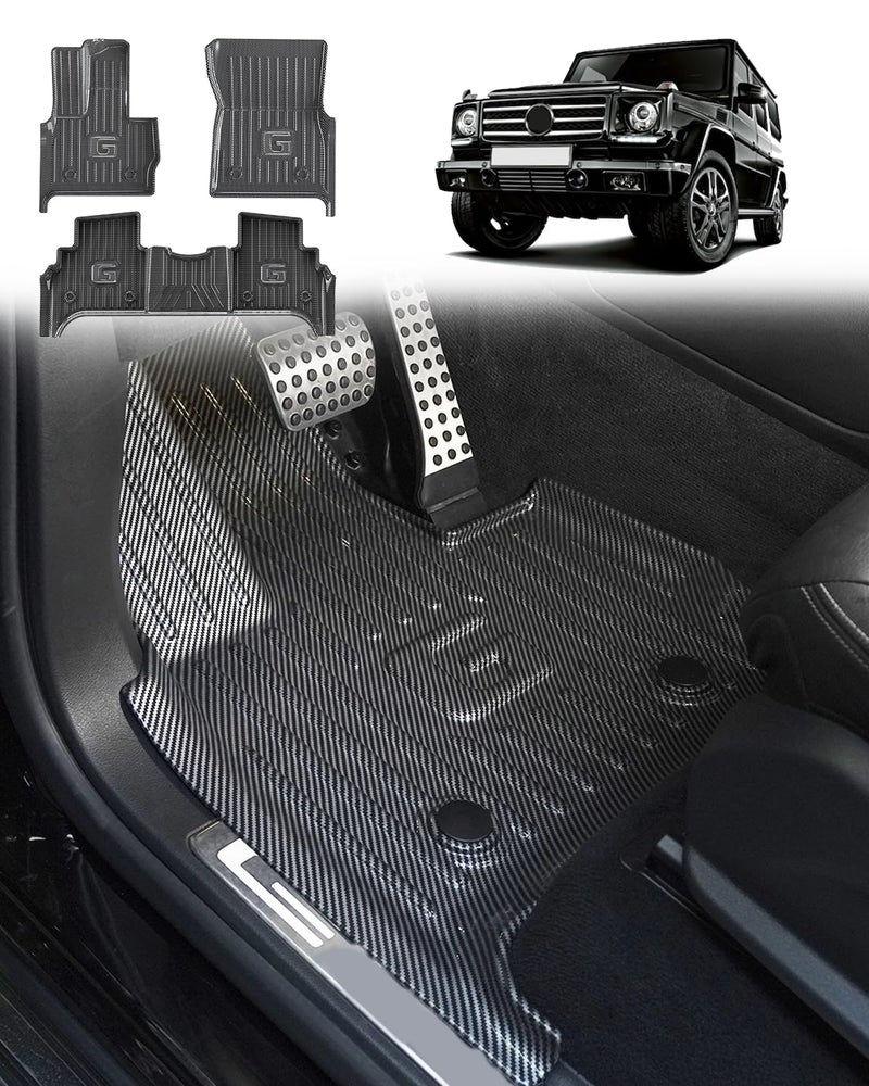 IKABEVEM Carbon Fiber Pattern Floor Mats for Mercedes-Benz G Class 2019-2025 G500 G550 G580 AMG G63 All Weather Protection Car Mats 1st & 2nd Row Luxury Full Set Floor Liners 3-pc, Silver - Image 1