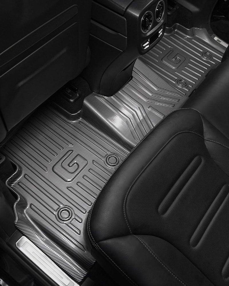 IKABEVEM Carbon Fiber Pattern Floor Mats for Mercedes-Benz G Class 2019-2025 G500 G550 G580 AMG G63 All Weather Protection Car Mats 1st & 2nd Row Luxury Full Set Floor Liners 3-pc, Silver - Image 4