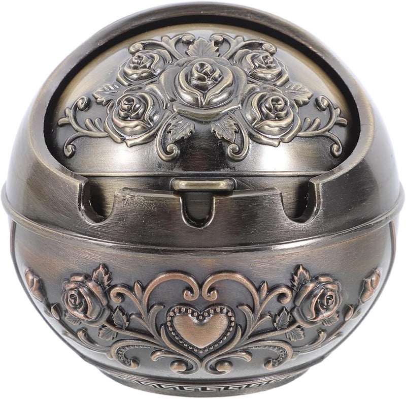 صينية سجائر معدنية مستديرة قديمة مع غطاء محمولة للاستخدام الداخلي والخارجي في الفناء - Image 1