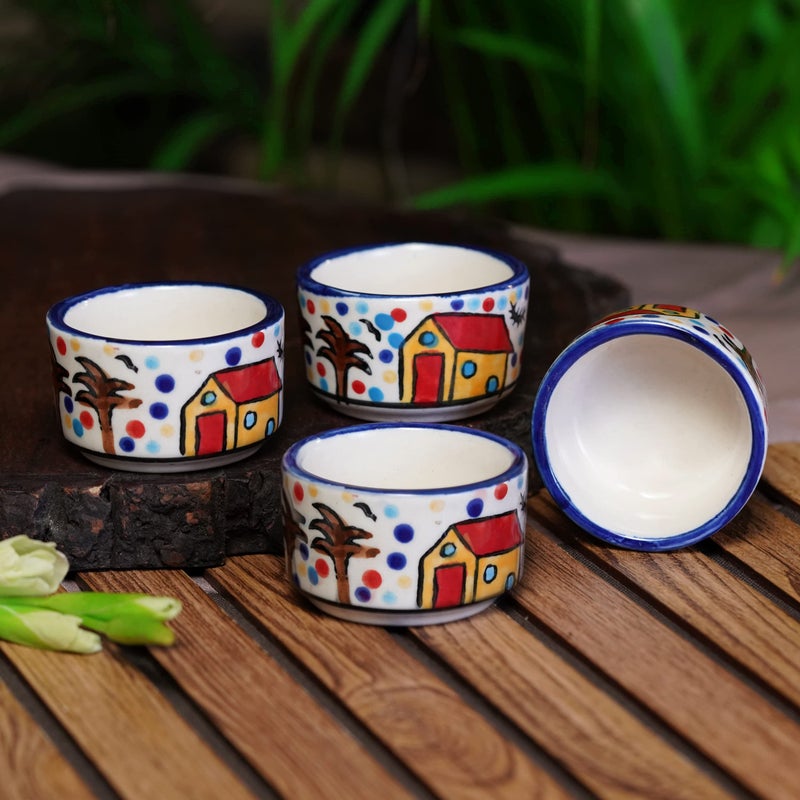 Freakway Handpainted 4 Dips of Hut Ceramic Dip Bowl/Chutney Bowl/Pickle Bowl/Sauce Serving Bowl Set (50 ML, Small, 4-Pieces, Multicolour, Cartoon Shape Round) - Image 1